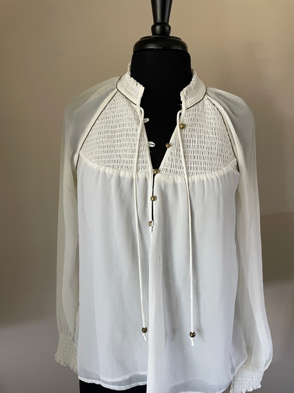 Abercrombie & Fitch White Smocked Yoke Tie-Front Blouse